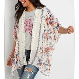 Maurices Crochet Trim Floral Kimono Ivory Coral Blue Sheer Lightweight Long S/M